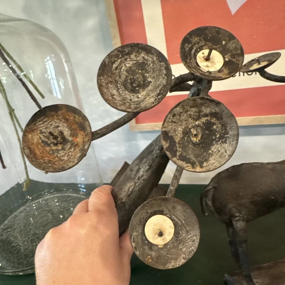Lot of 2 Metal Rustic Reindeer 5 candle holder decor deer black vint 12&13